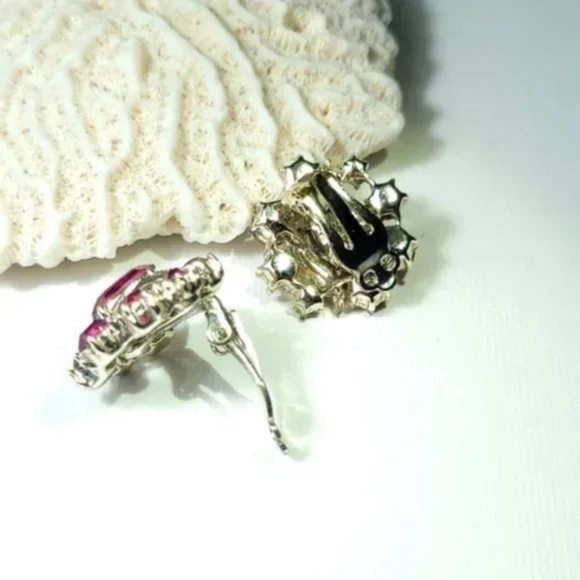 Deep Magenta Rhinestone Vintage Earrings - Picture 5 of 8